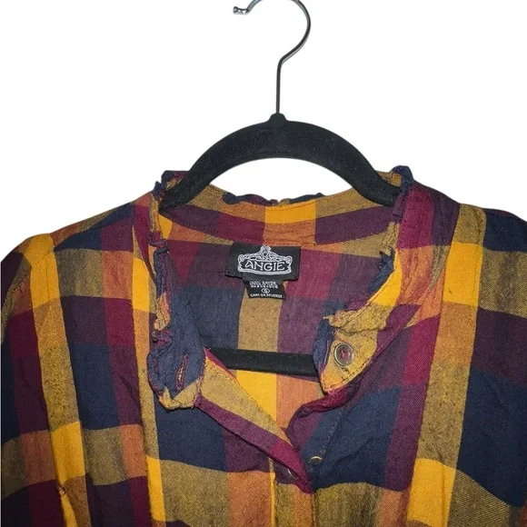 Boho Multicolored Plaid Fringe Bottom-Button Front-Mini Dress - Picture 4 of 7